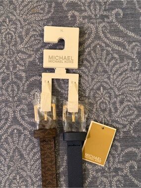 MICHAEL Michael Kors Brown Monogram & Navy Leather Belt Duo